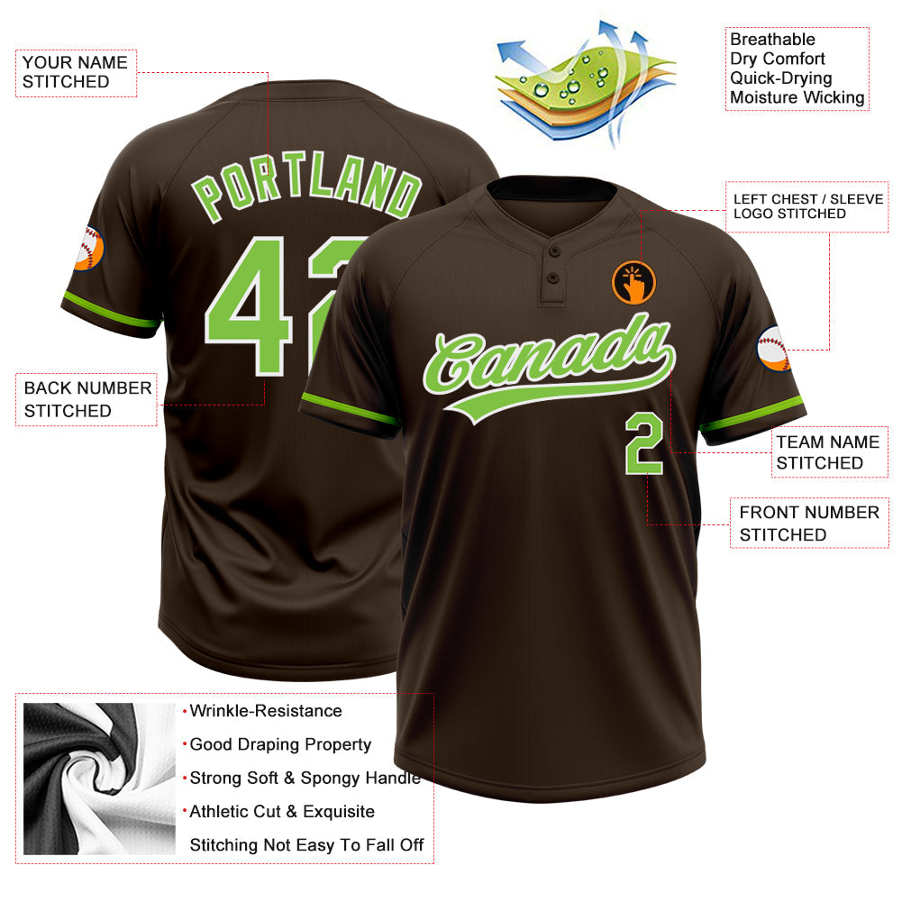 Custom Brown Neon Green-White Two-Button Unisex Softball Jersey view 3