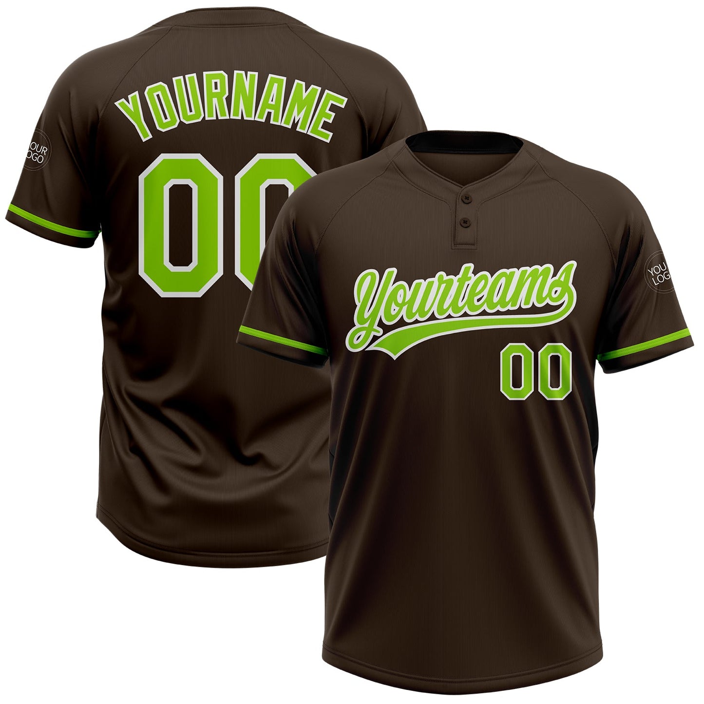 Custom Brown Neon Green-White Two-Button Unisex Softball Jersey - Main View