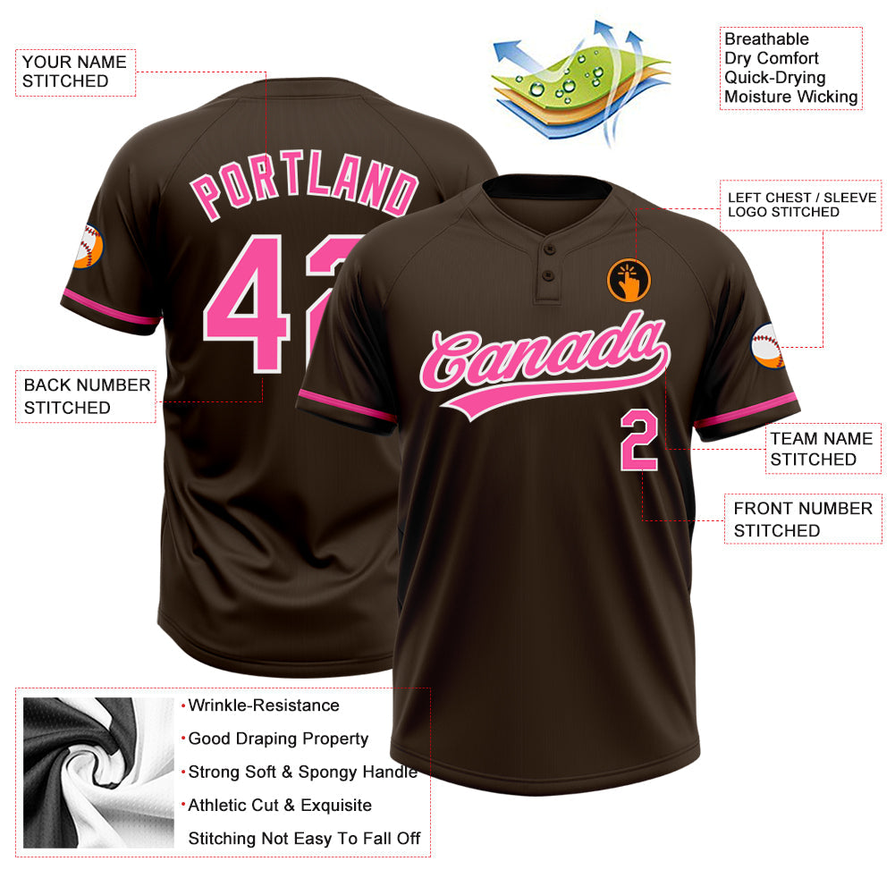 Custom Brown Pink-White Two-Button Unisex Softball Jersey view 3
