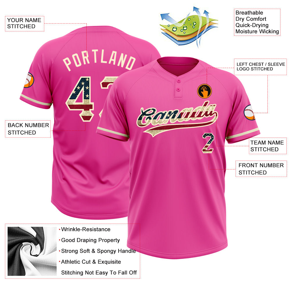 Custom Pink Vintage USA Flag-Cream Two-Button Unisex Softball Jersey view 3