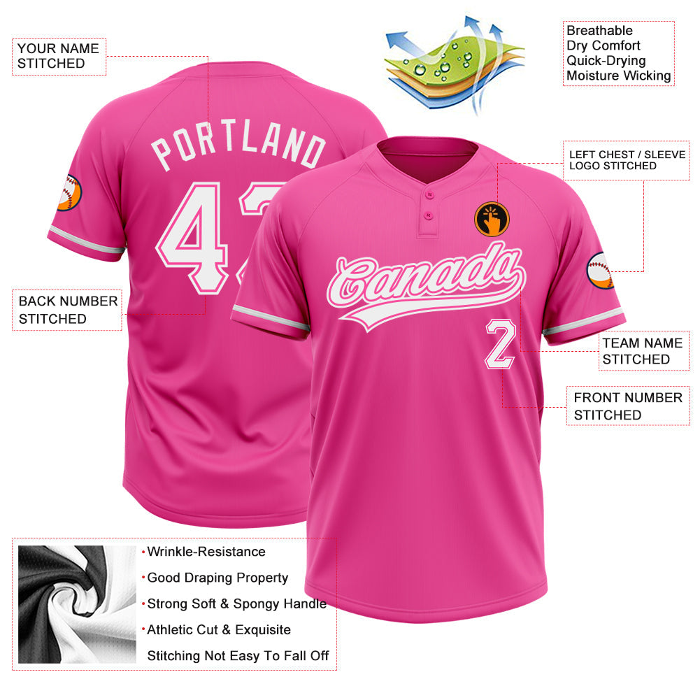 Custom Pink White Two-Button Unisex Softball Jersey view 3