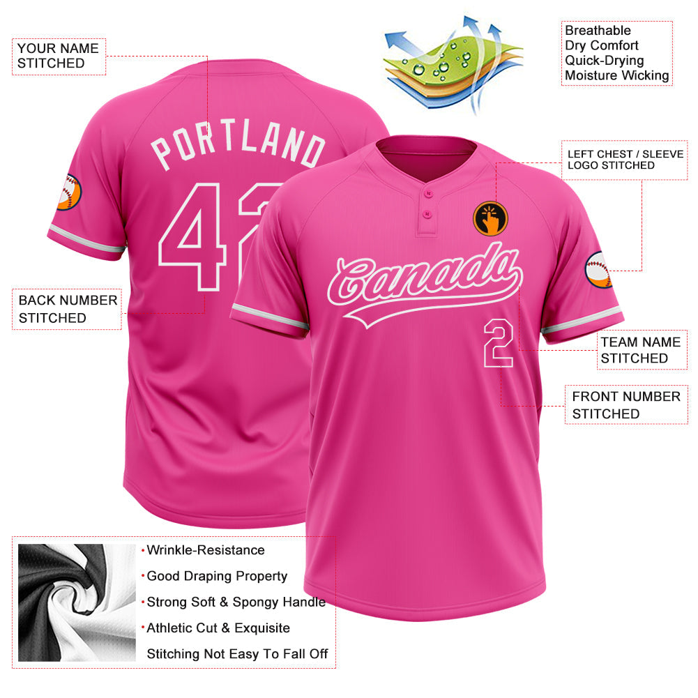 Custom Pink White Two-Button Unisex Softball Jersey view 3