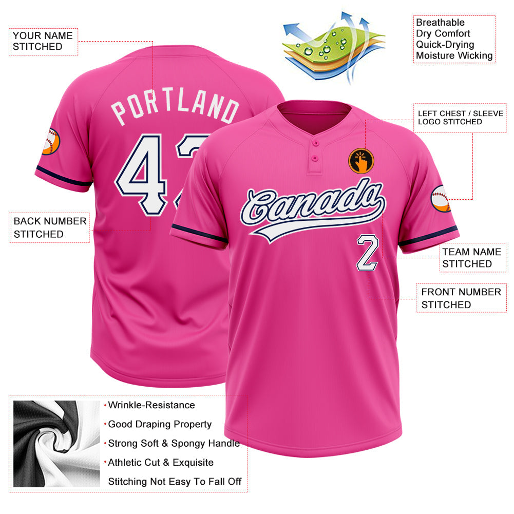 Custom Pink White-Navy Two-Button Unisex Softball Jersey view 3