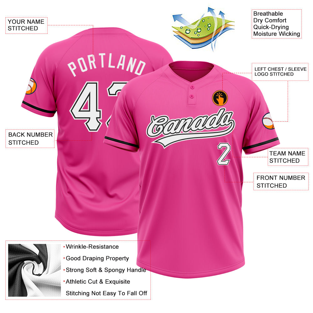 Custom Pink White-Black Two-Button Unisex Softball Jersey view 3