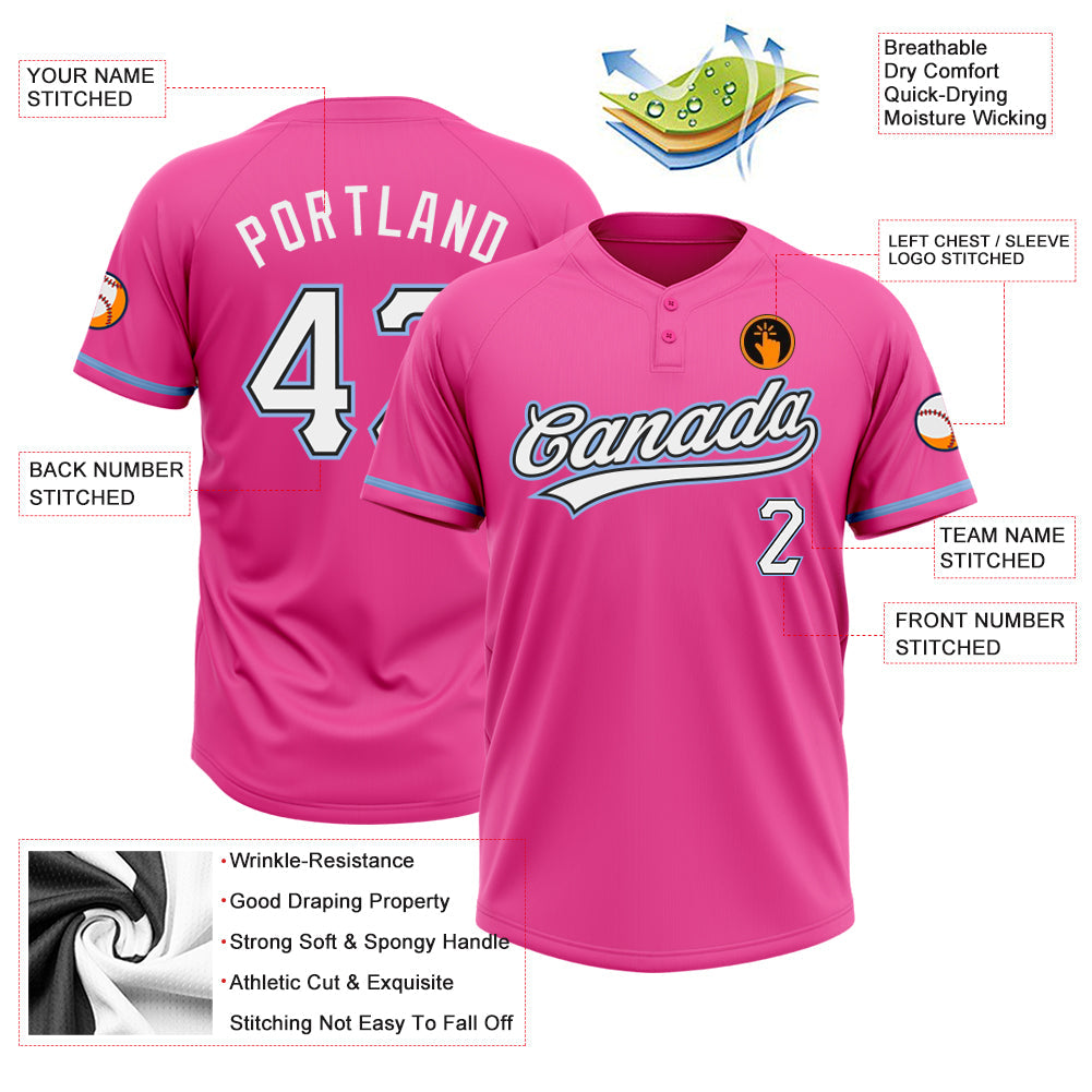 Custom Pink White Black-Light Blue Two-Button Unisex Softball Jersey view 3