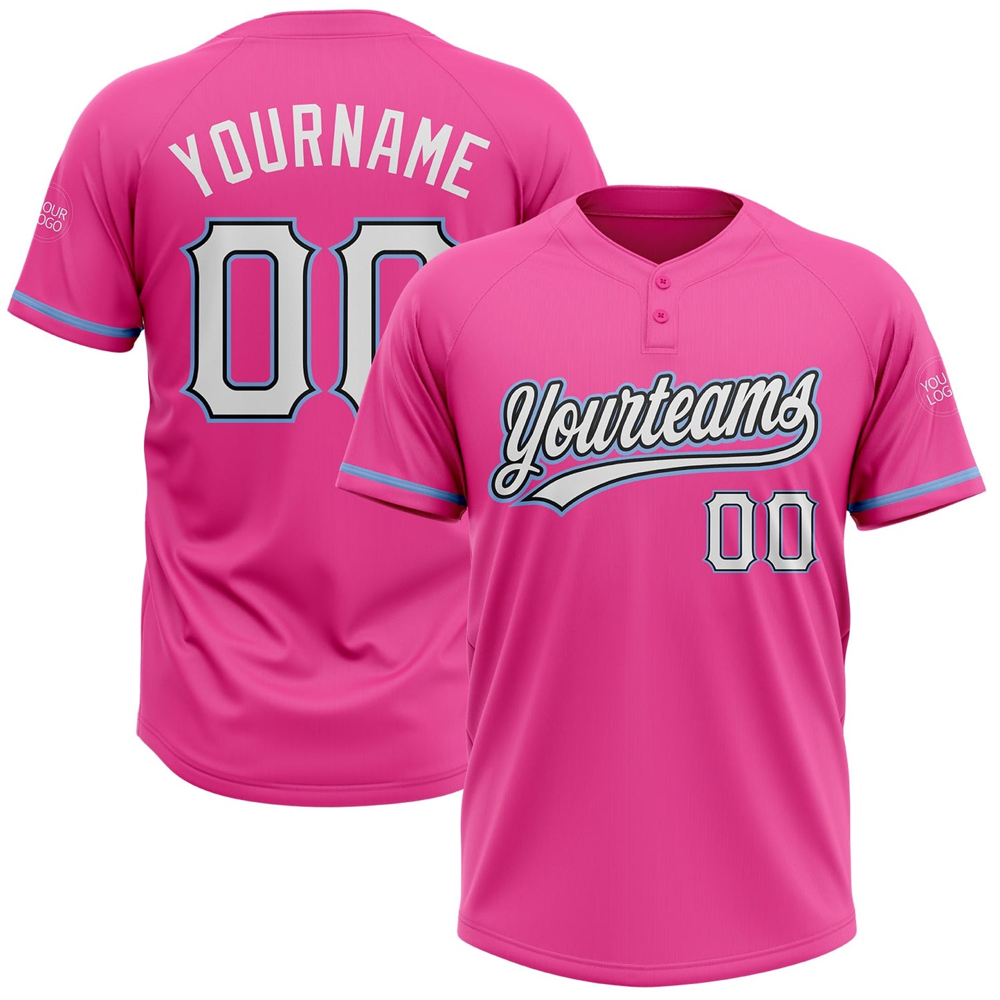 Custom Pink White Black-Light Blue Two-Button Unisex Softball Jersey - Main View
