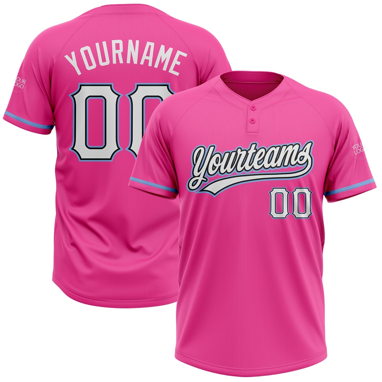 Custom Pink White Black-Light Blue Two-Button Unisex Softball Jersey - Main View