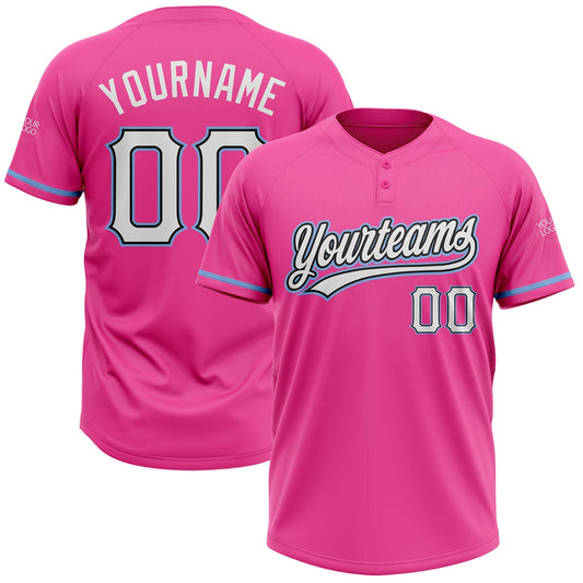 Custom Pink White Black-Light Blue Two-Button Unisex Softball Jersey - Main View