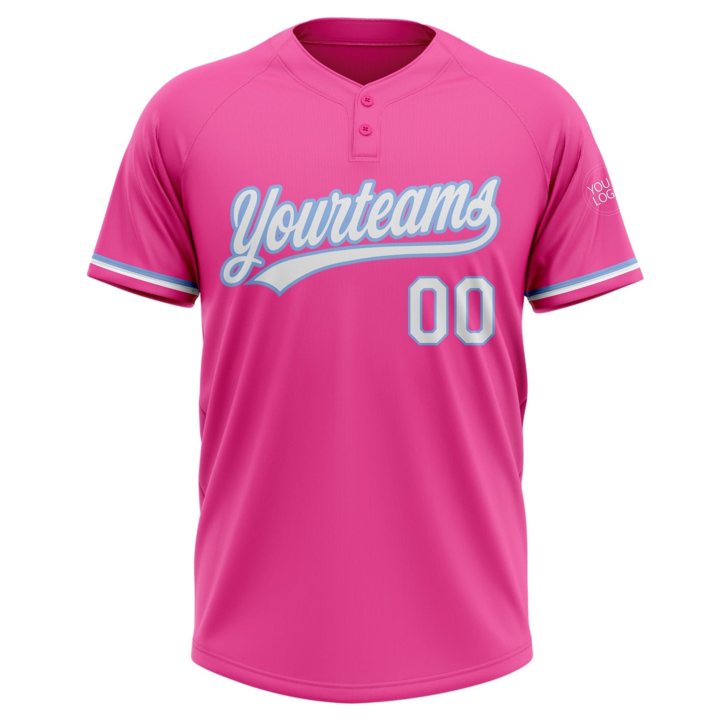 Custom Pink White-Light Blue Two-Button Unisex Softball Jersey view 2