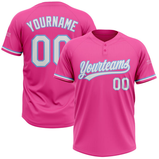 Custom Pink White-Light Blue Two-Button Unisex Softball Jersey - Main View