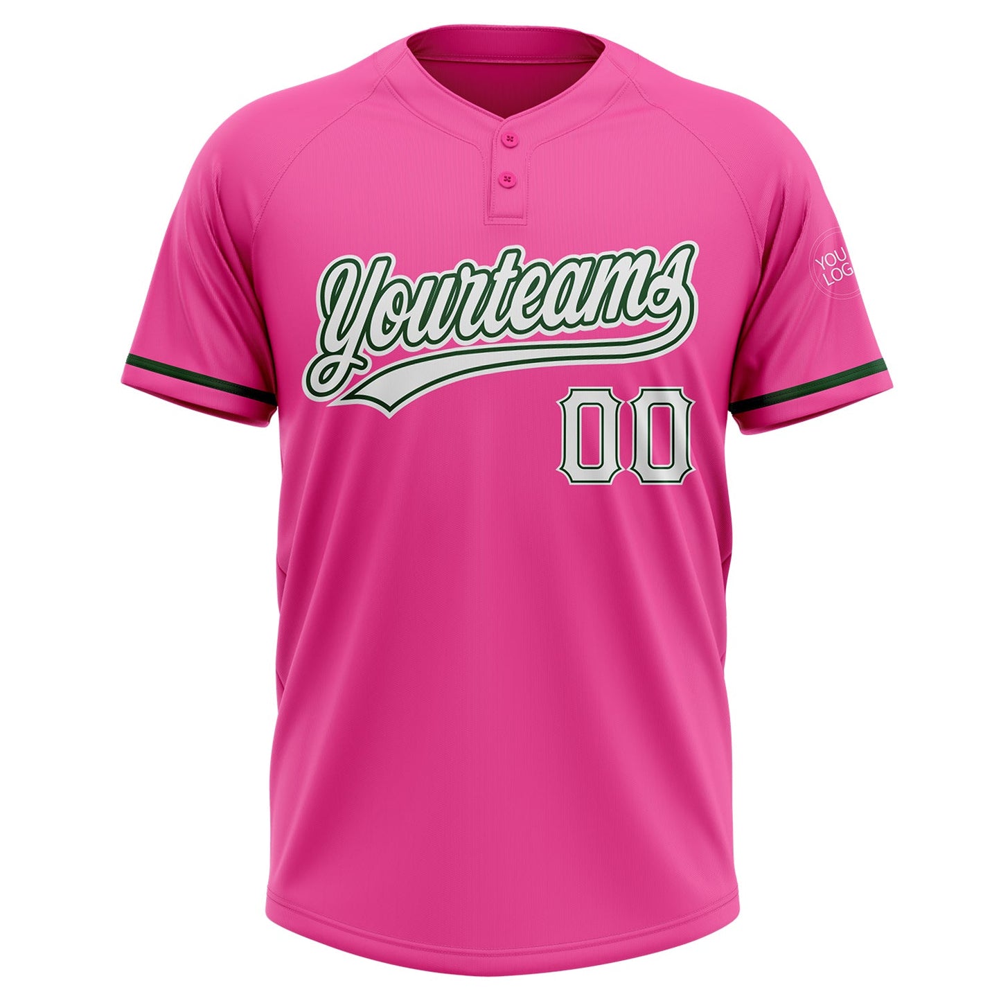 Custom Pink White-Green Two-Button Unisex Softball Jersey view 2