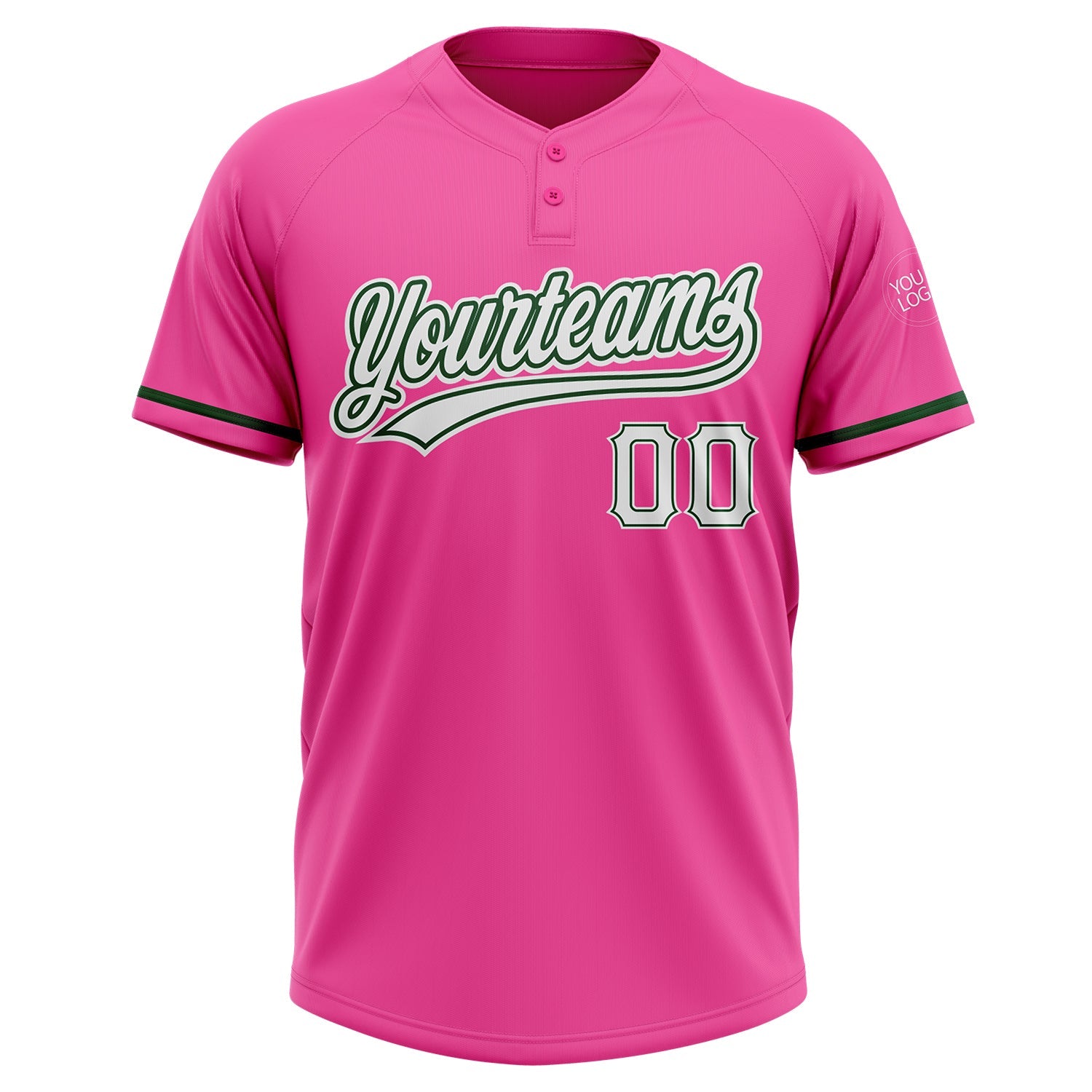 Custom Pink White-Green Two-Button Unisex Softball Jersey view 2