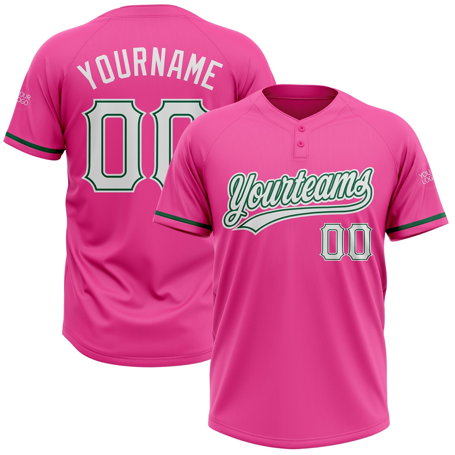Custom Pink White-Kelly Green Two-Button Unisex Softball Jersey - Main View