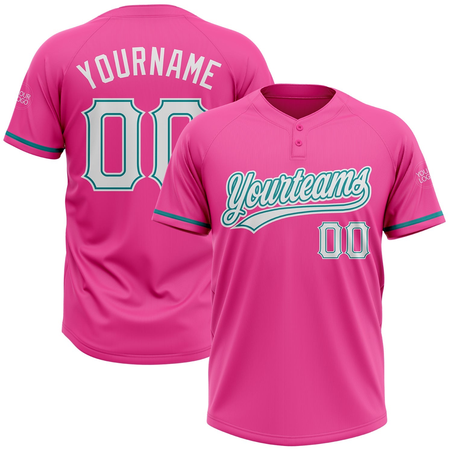 Custom Pink White-Teal Two-Button Unisex Softball Jersey - Main View