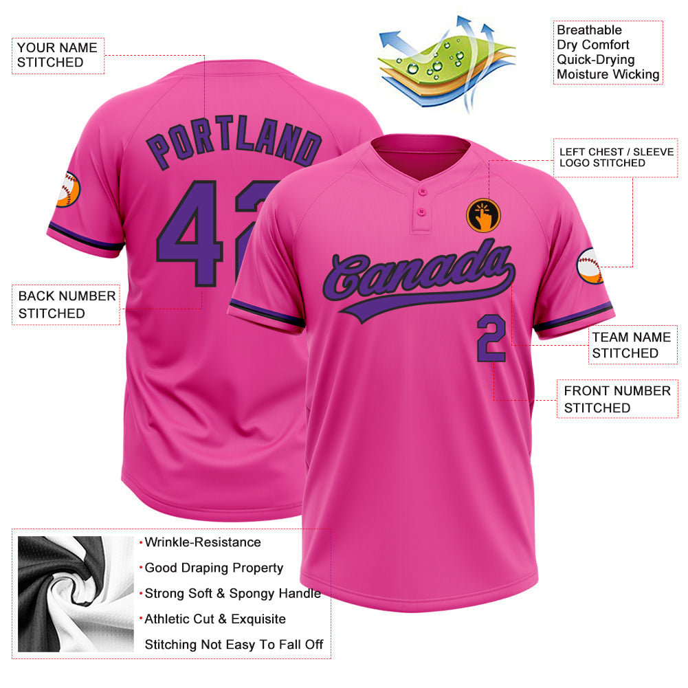 Custom Pink Purple-Black Two-Button Unisex Softball Jersey view 3