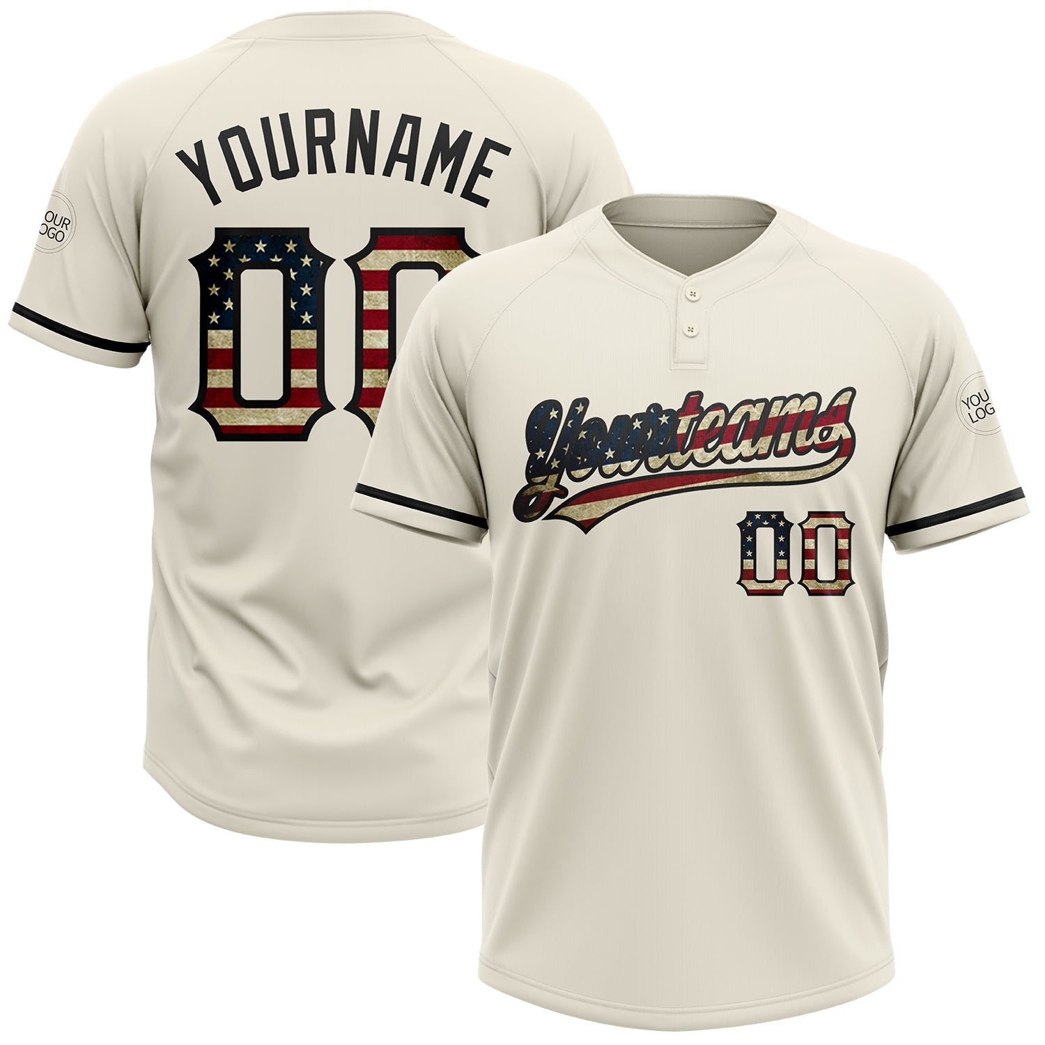 Custom Cream Vintage USA Flag-Black Two-Button Unisex Softball Jersey - Main View