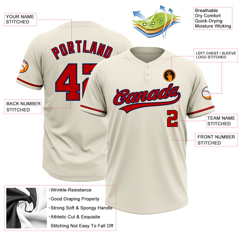 Custom Cream Red-Navy Two-Button Unisex Softball Jersey view 3