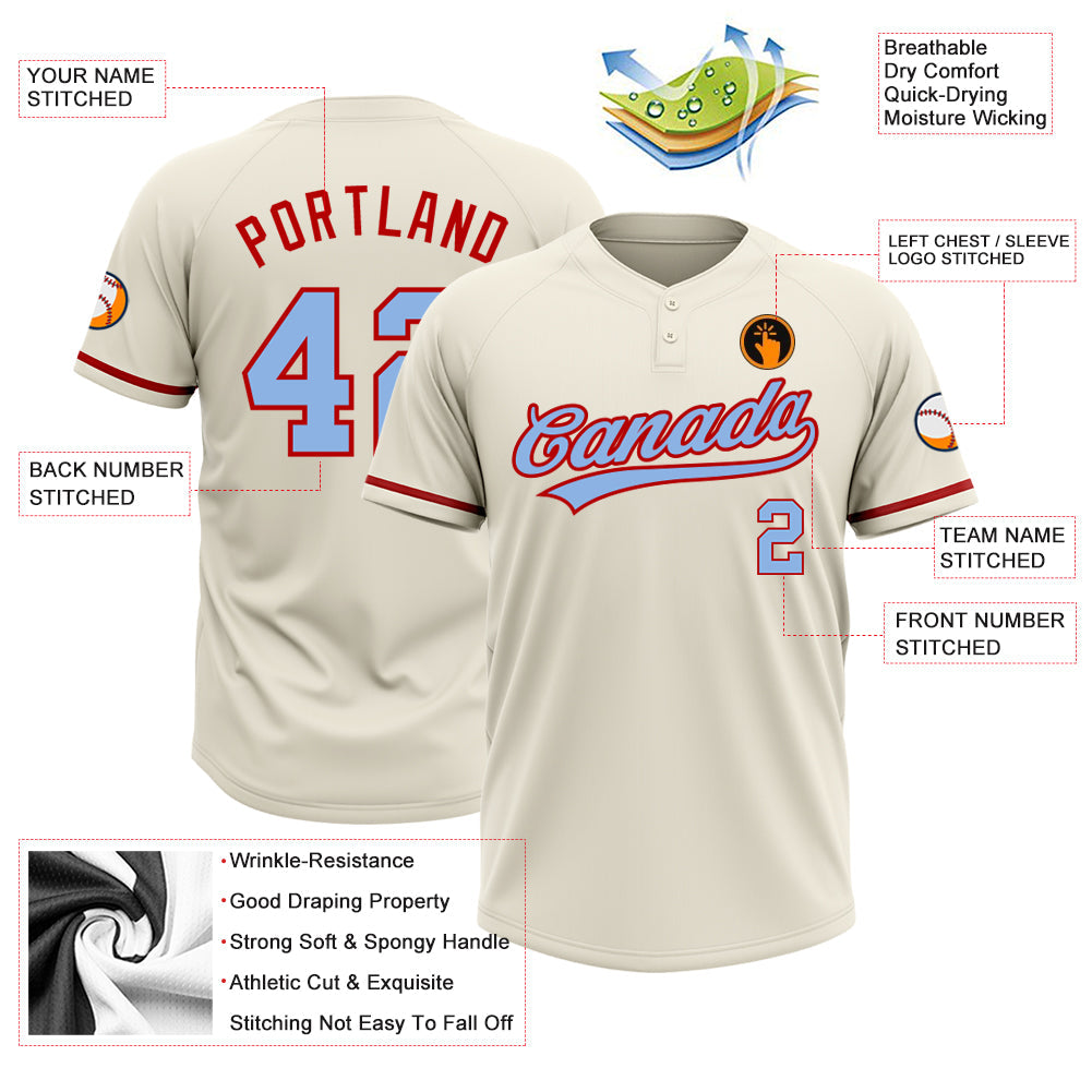 Custom Cream Light Blue-Red Two-Button Unisex Softball Jersey view 3