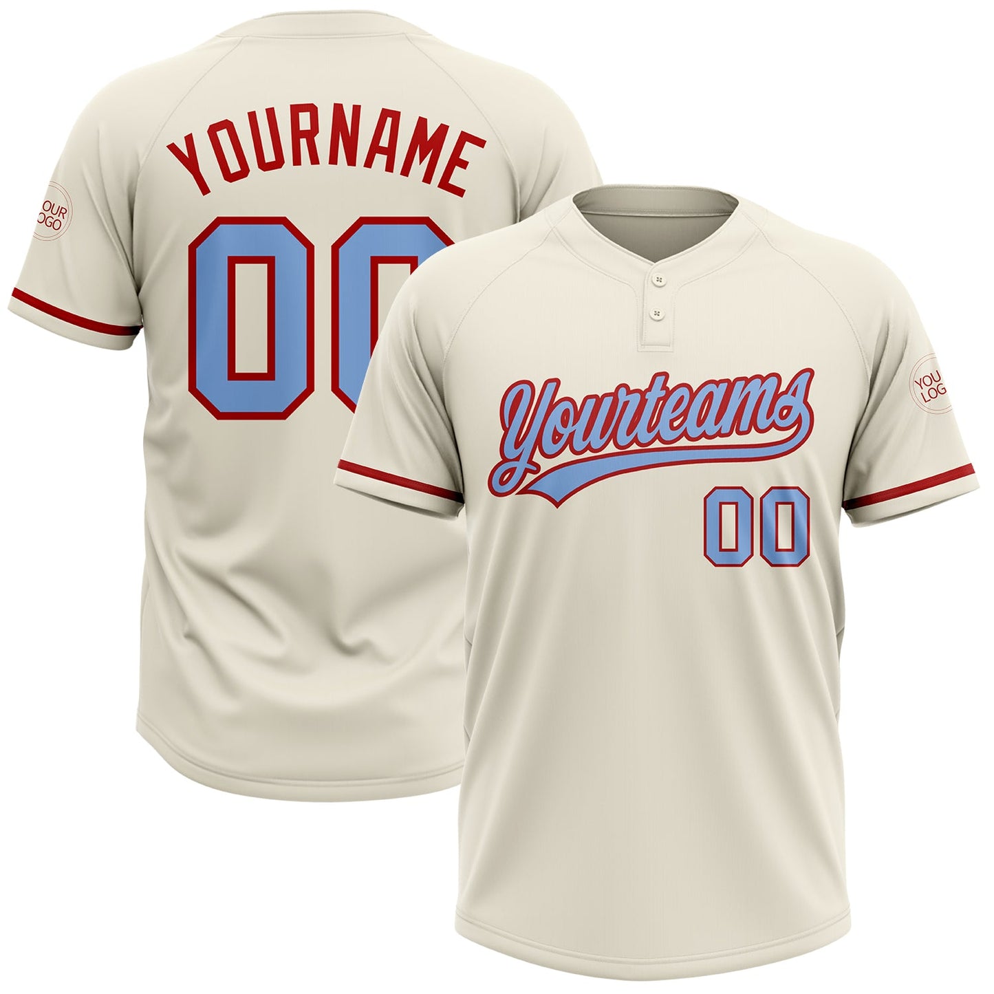 Custom Cream Light Blue-Red Two-Button Unisex Softball Jersey - Main View