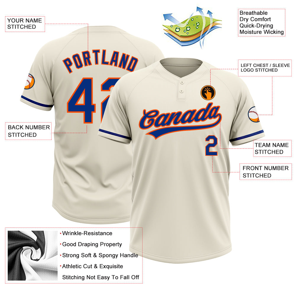 Custom Cream Royal-Orange Two-Button Unisex Softball Jersey view 3