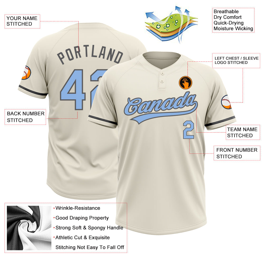 Custom Cream Light Blue-Steel Gray Two-Button Unisex Softball Jersey view 3