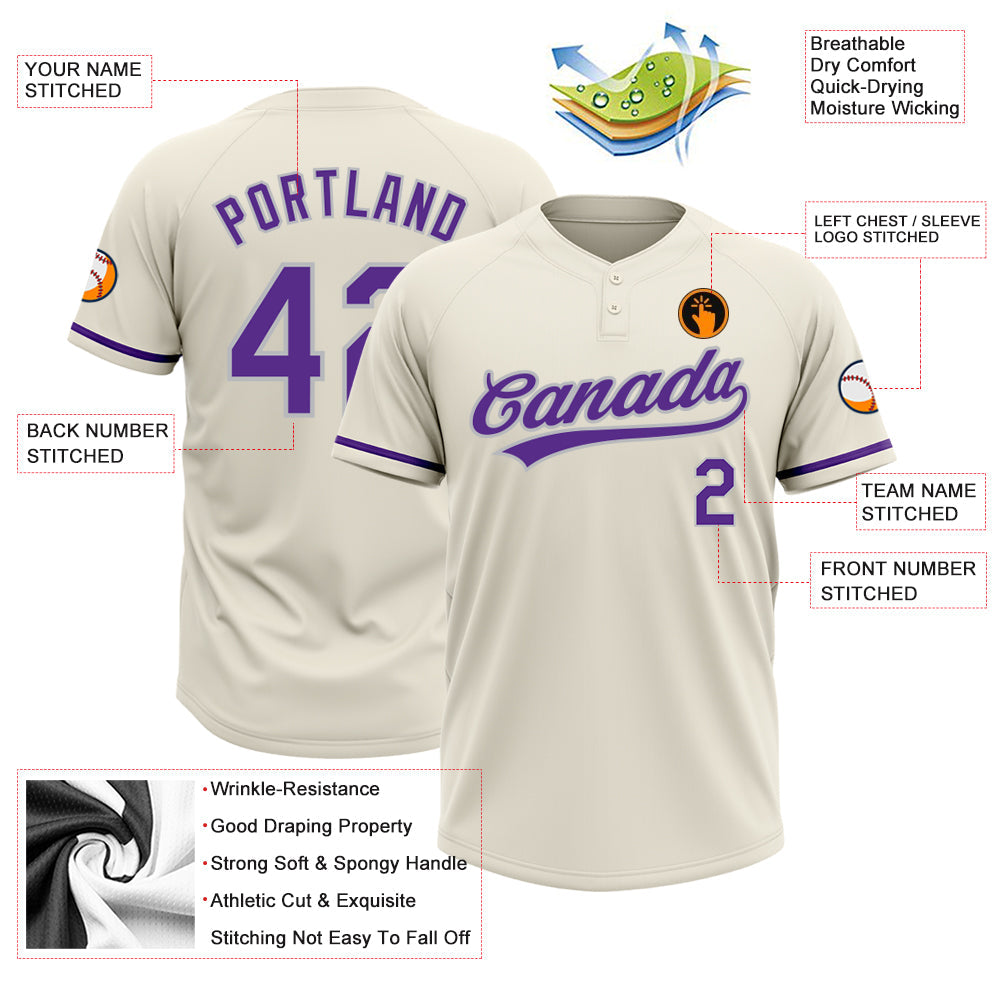 Custom Cream Purple-Gray Two-Button Unisex Softball Jersey view 3