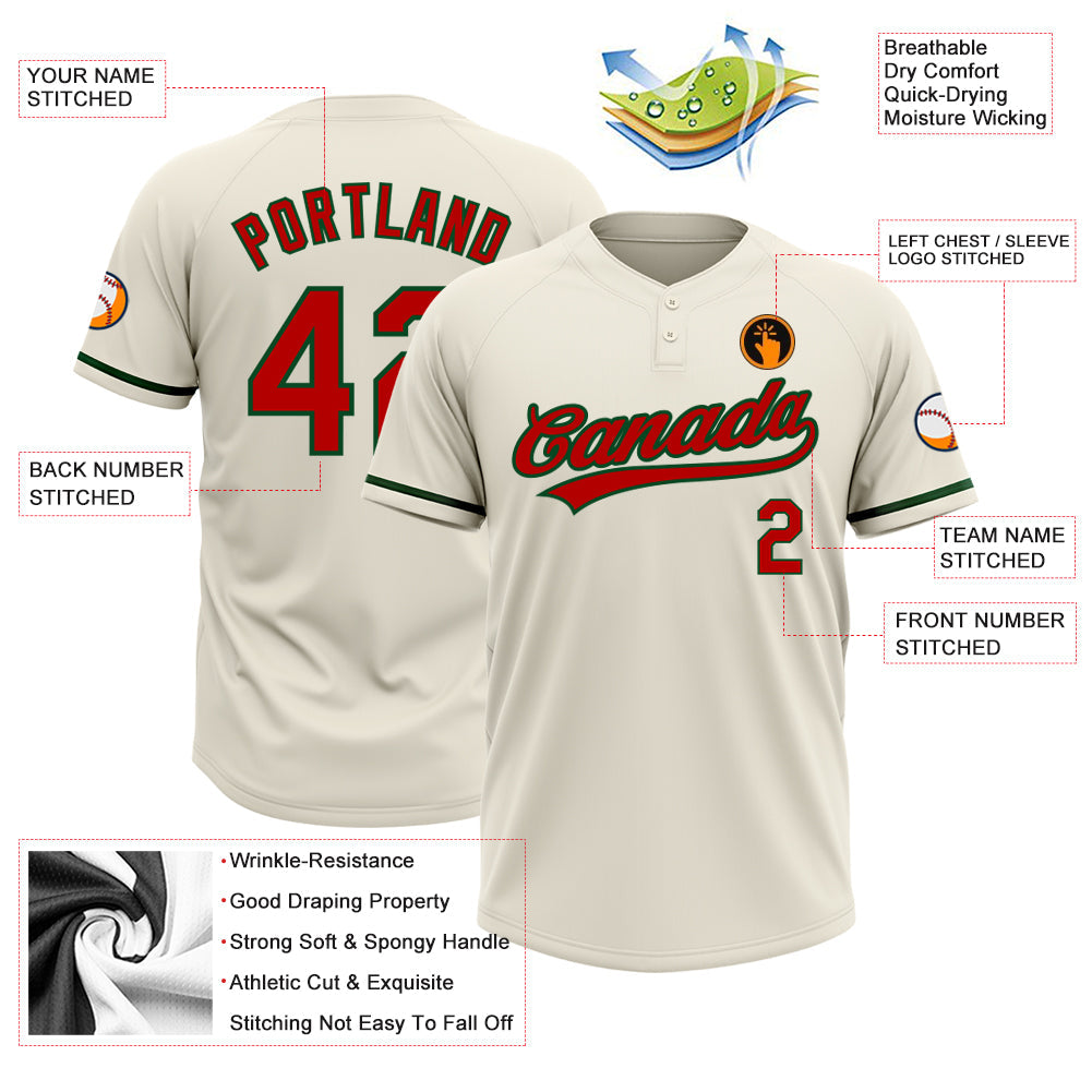 Custom Cream Red-Green Two-Button Unisex Softball Jersey view 3