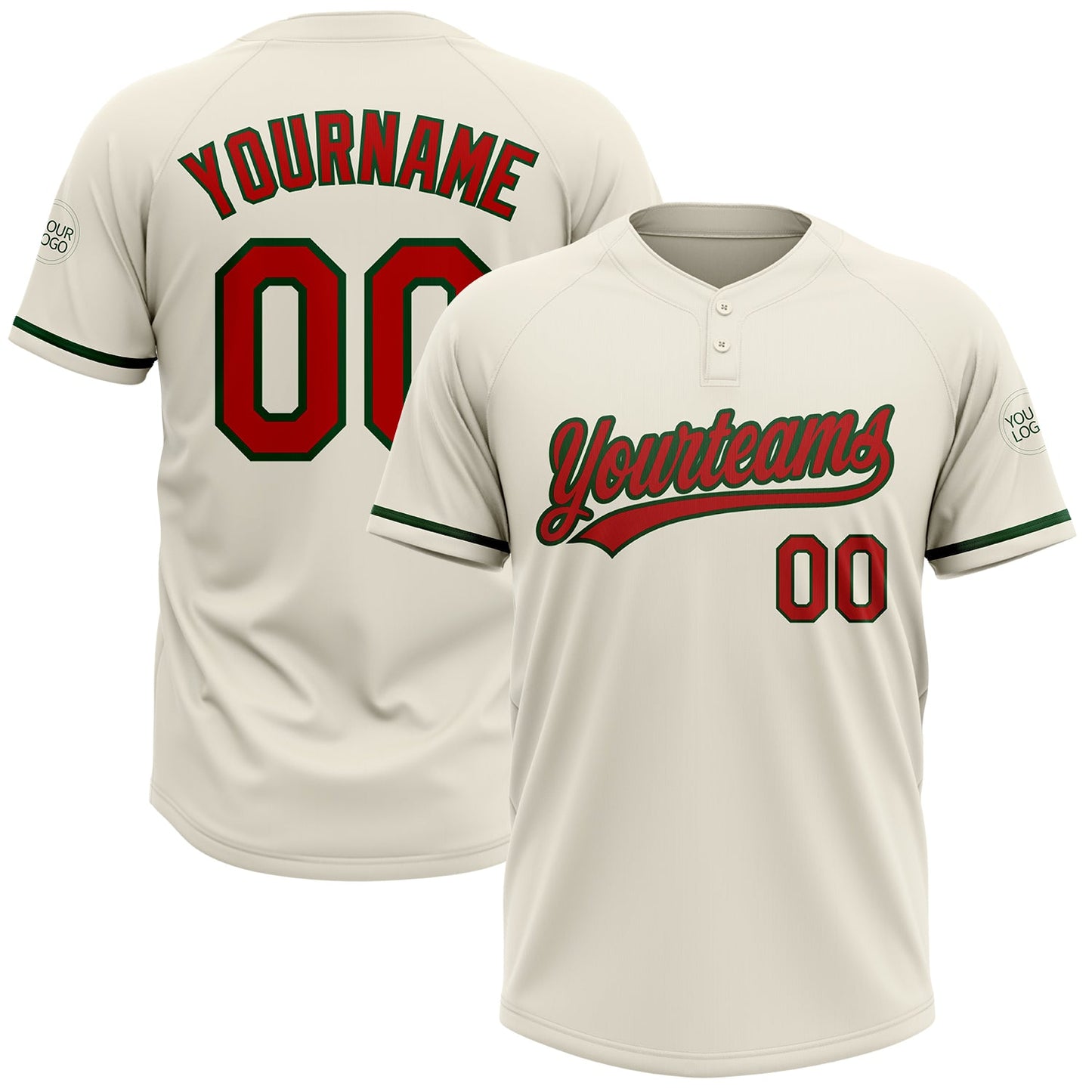 Custom Cream Red-Green Two-Button Unisex Softball Jersey - Main View