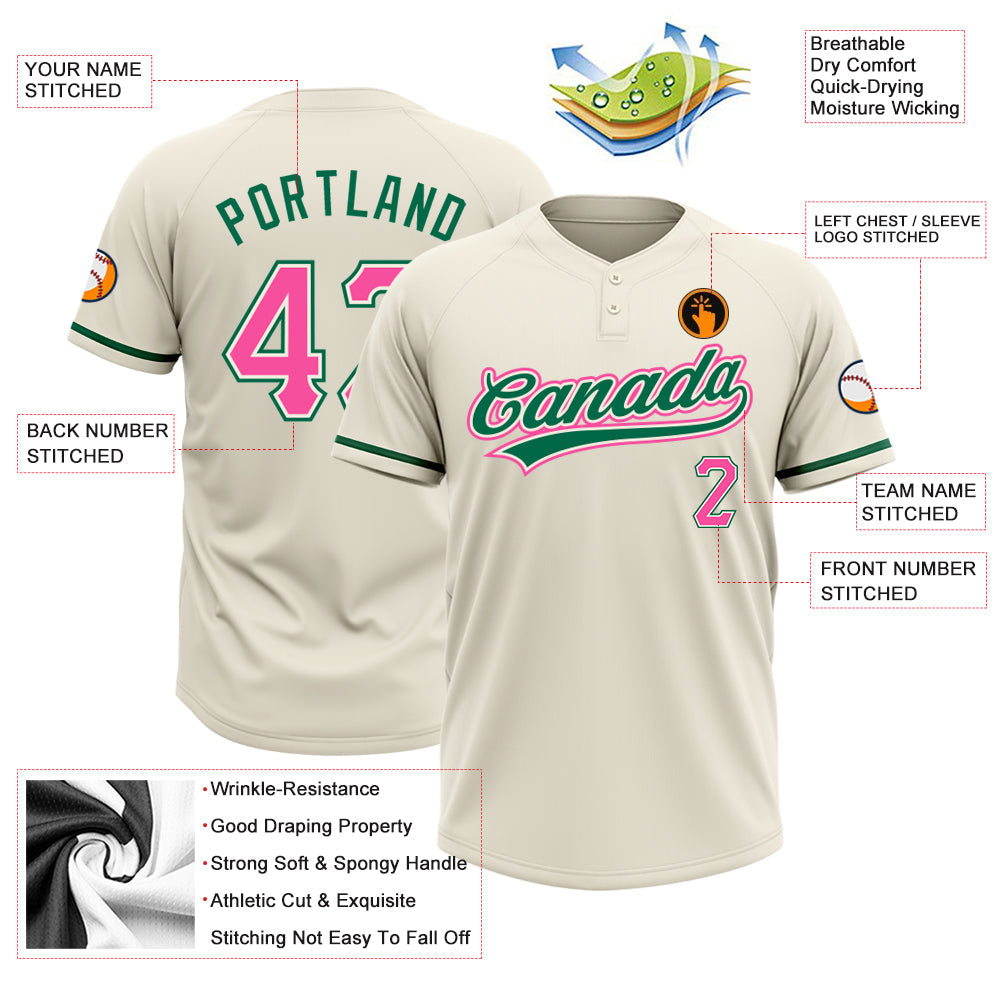 Custom Cream Pink-Kelly Green Two-Button Unisex Softball Jersey view 3