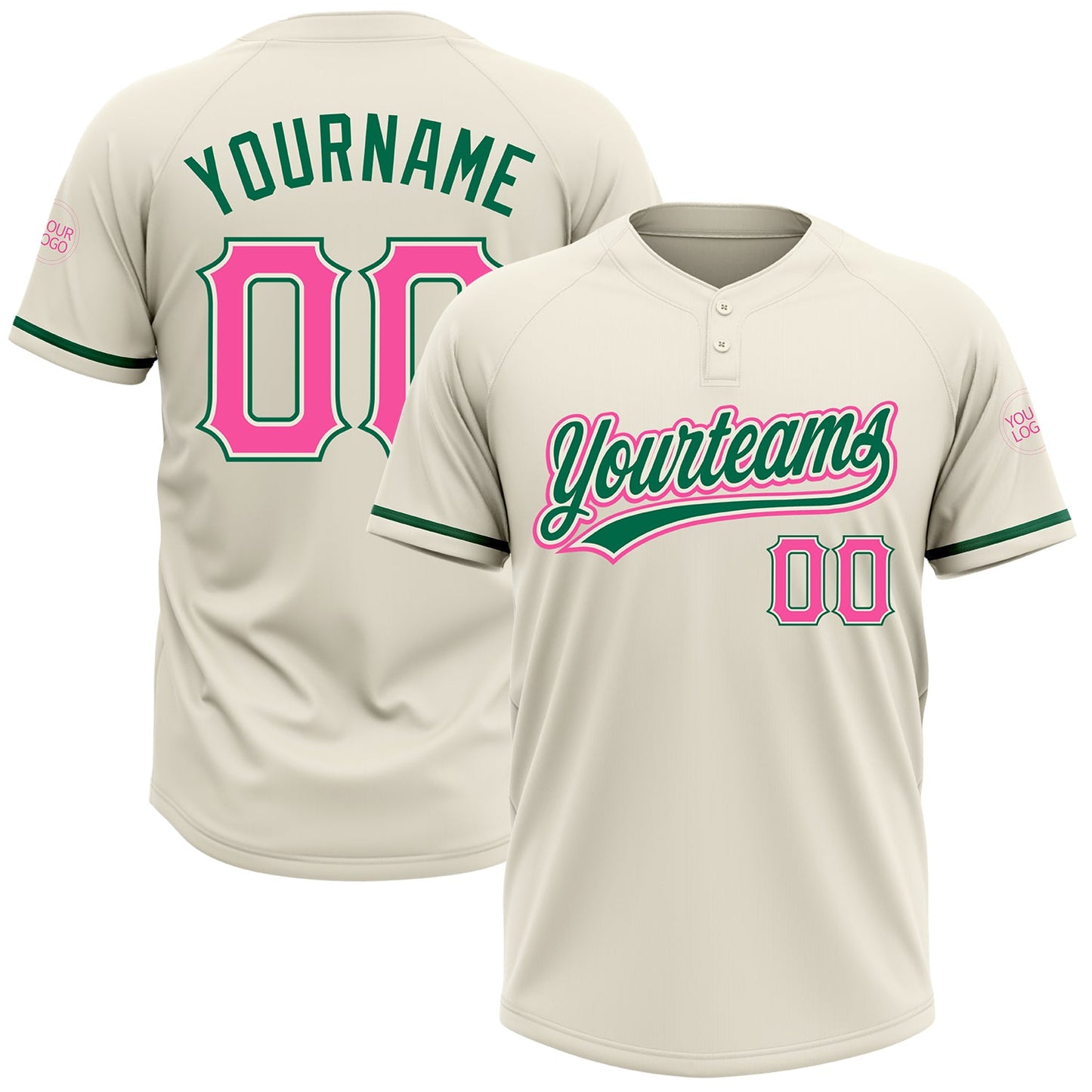 Custom Cream Pink-Kelly Green Two-Button Unisex Softball Jersey - Main View