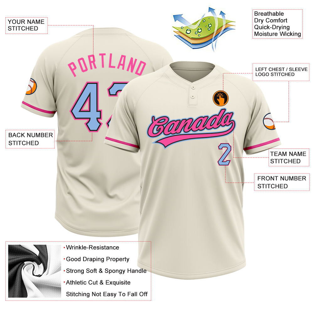 Custom Cream Light Blue Black-Pink Two-Button Unisex Softball Jersey view 3