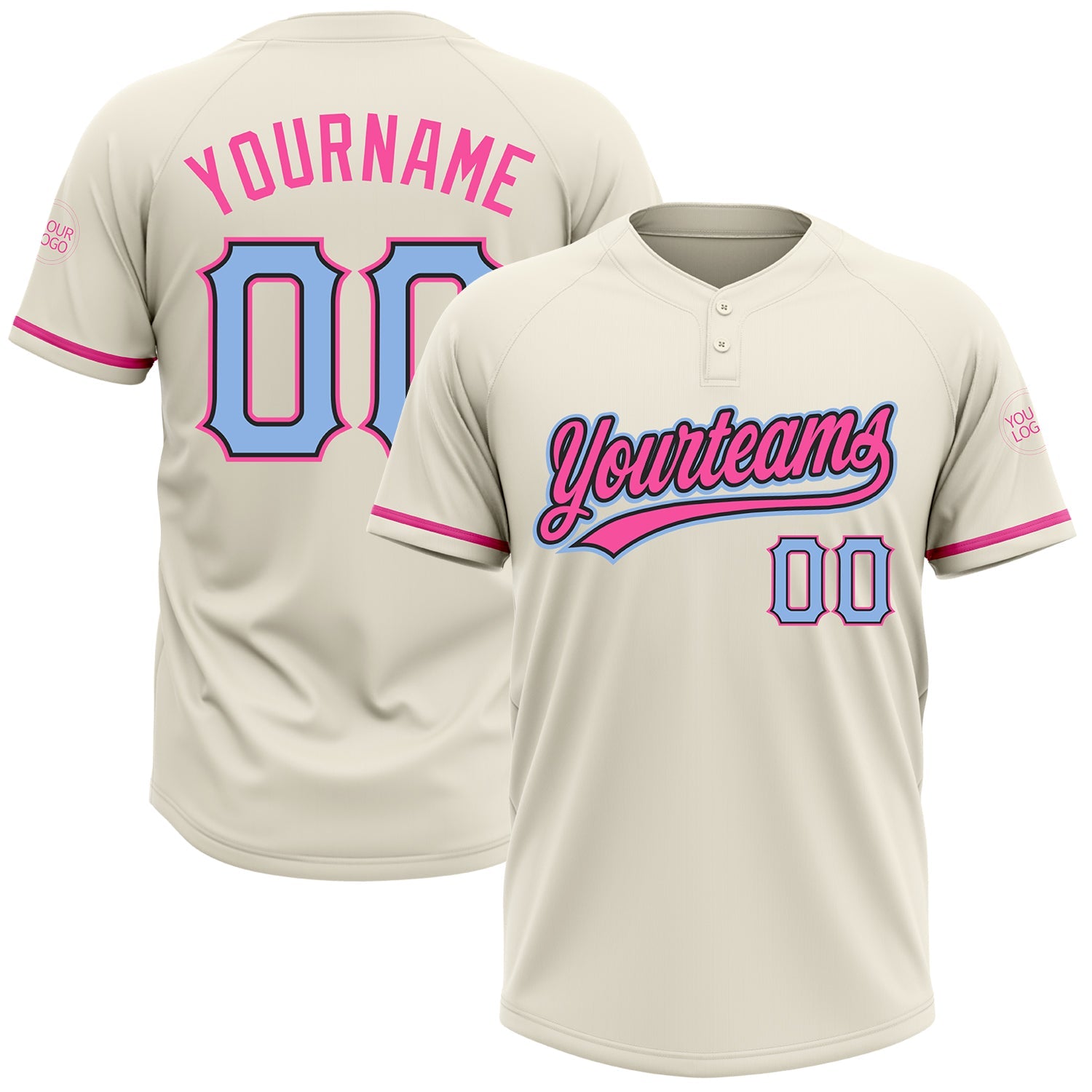 Custom Cream Light Blue Black-Pink Two-Button Unisex Softball Jersey - Main View