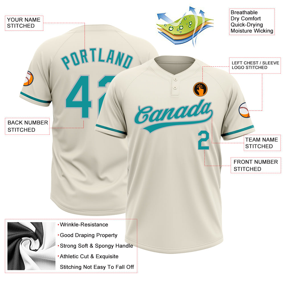 Custom Cream Teal-Gray Two-Button Unisex Softball Jersey view 3