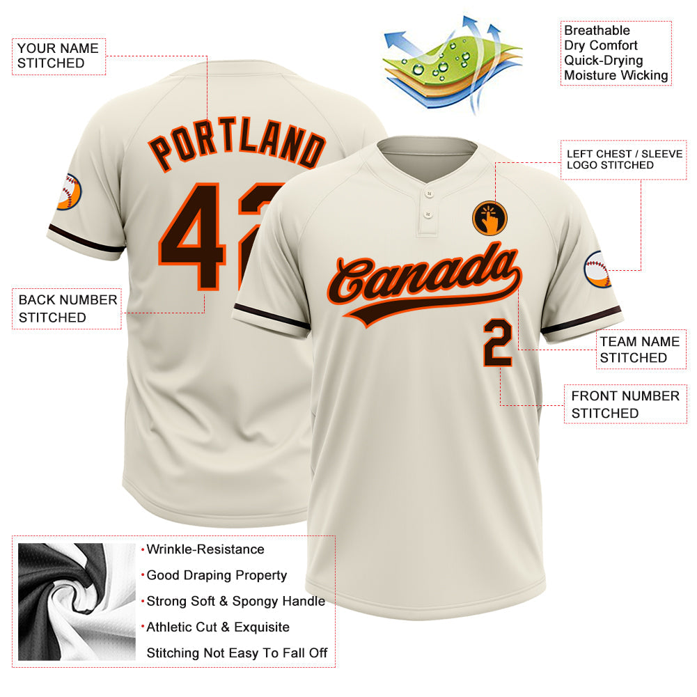 Custom Cream Brown-Orange Two-Button Unisex Softball Jersey view 3