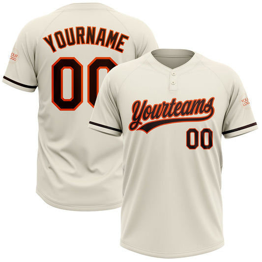 Custom Cream Brown-Orange Two-Button Unisex Softball Jersey - Main View