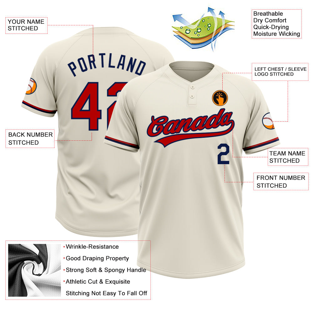Custom Cream Red-Navy Two-Button Unisex Softball Jersey view 3