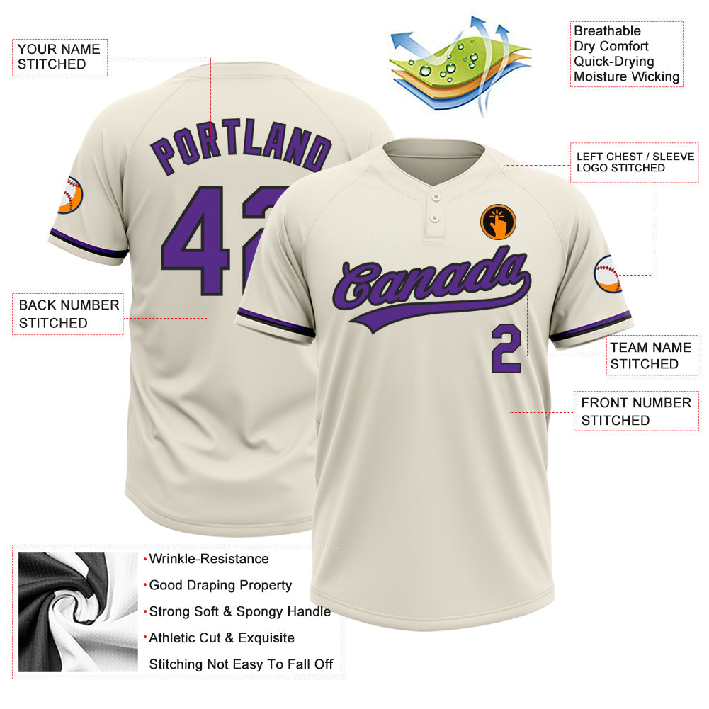 Custom Cream Purple-Black Two-Button Unisex Softball Jersey view 3