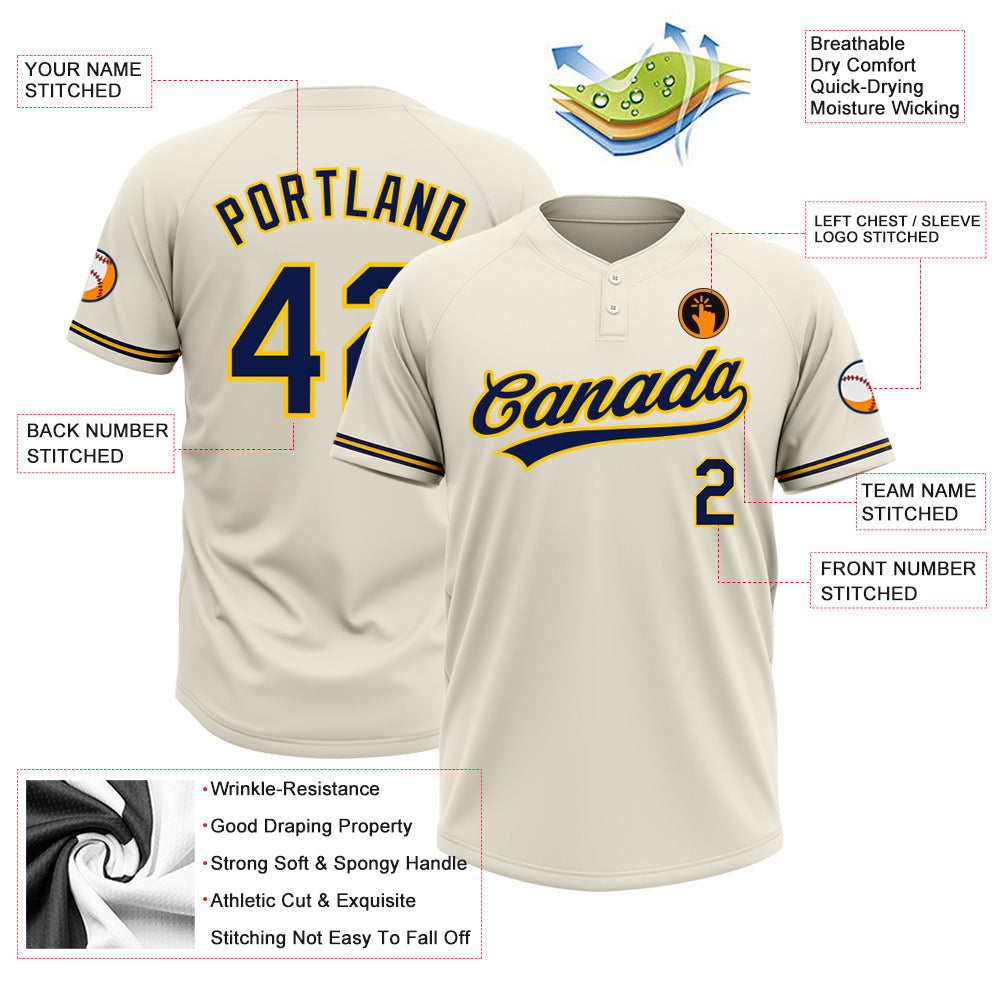 Custom Cream Navy-Yellow Two-Button Unisex Softball Jersey view 3