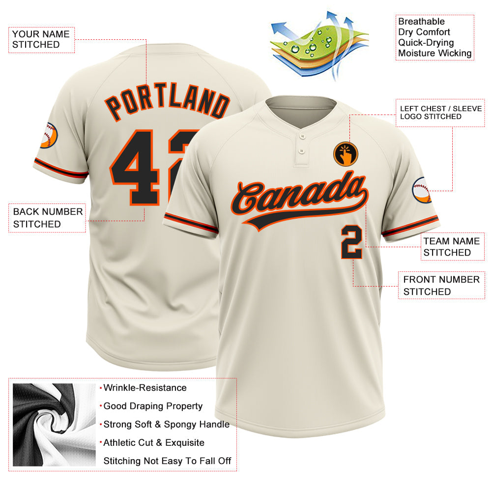 Custom Cream Black-Orange Two-Button Unisex Softball Jersey view 3