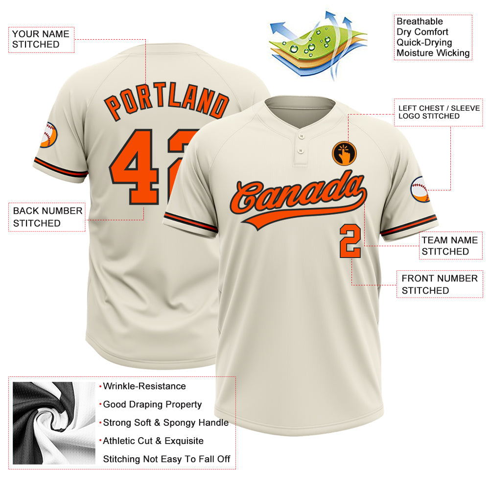 Custom Cream Orange-Black Two-Button Unisex Softball Jersey view 3