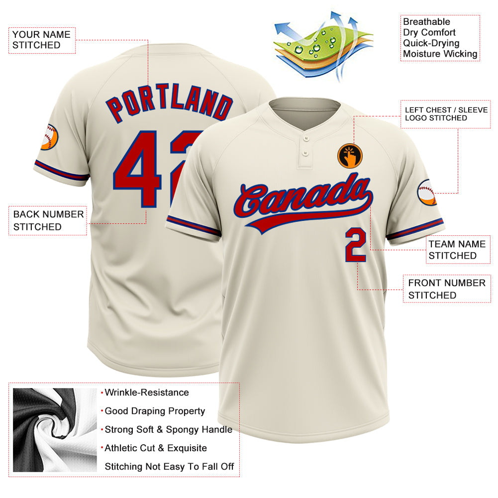 Custom Cream Red-Royal Two-Button Unisex Softball Jersey view 3