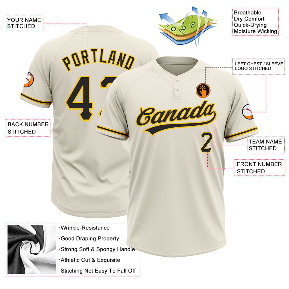 Custom Cream Black-Yellow Two-Button Unisex Softball Jersey view 3