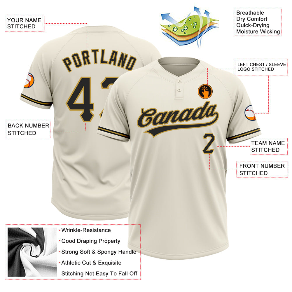 Custom Cream Black-Old Gold Two-Button Unisex Softball Jersey view 3