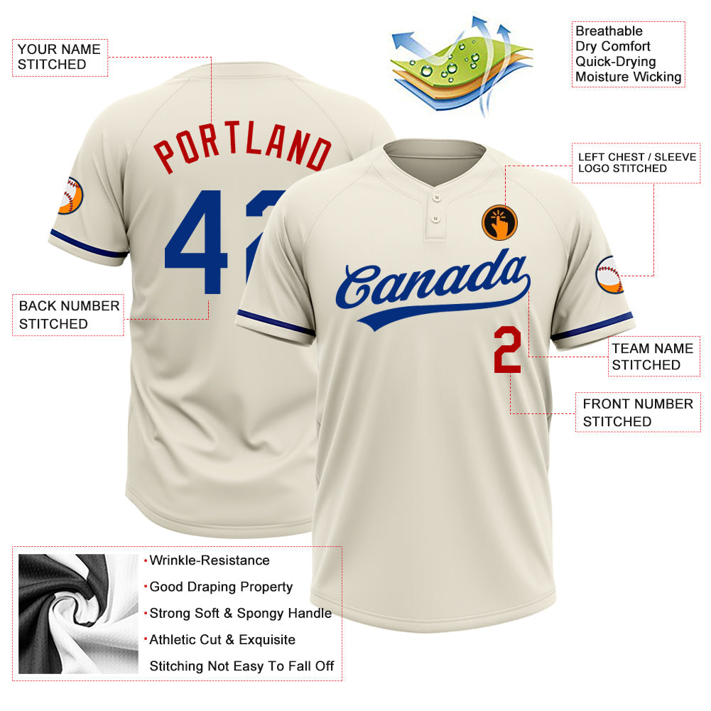 Custom Cream Royal-Red Two-Button Unisex Softball Jersey view 3