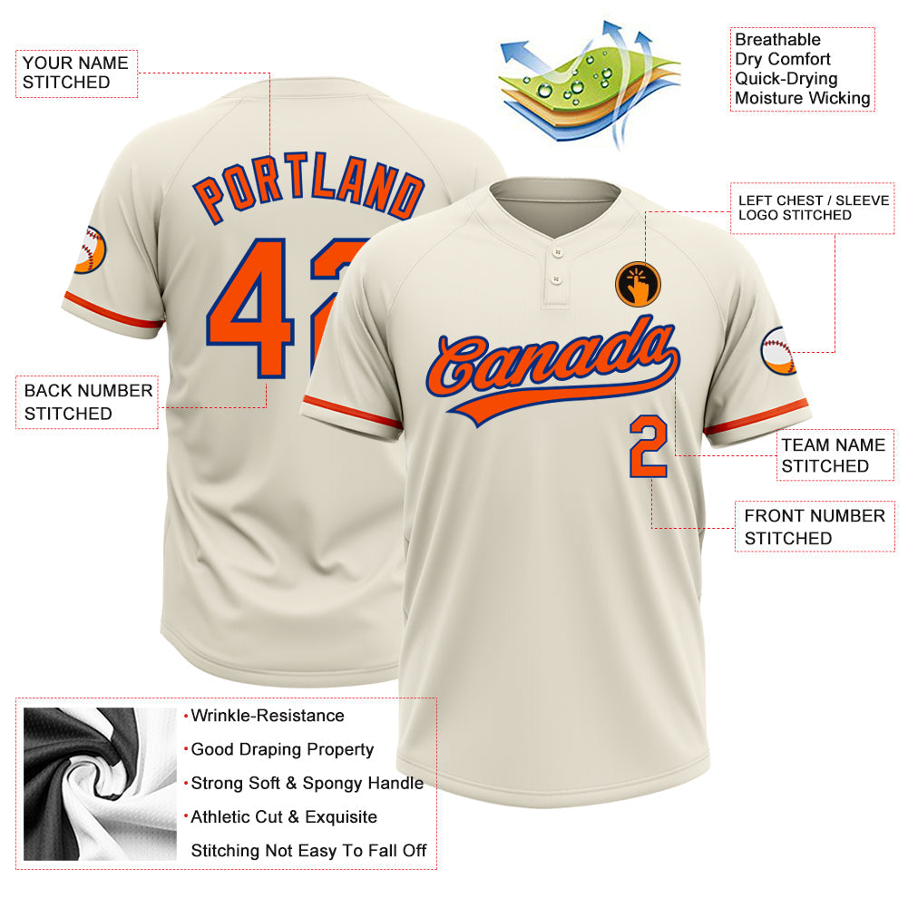 Custom Cream Orange-Royal Two-Button Unisex Softball Jersey view 3