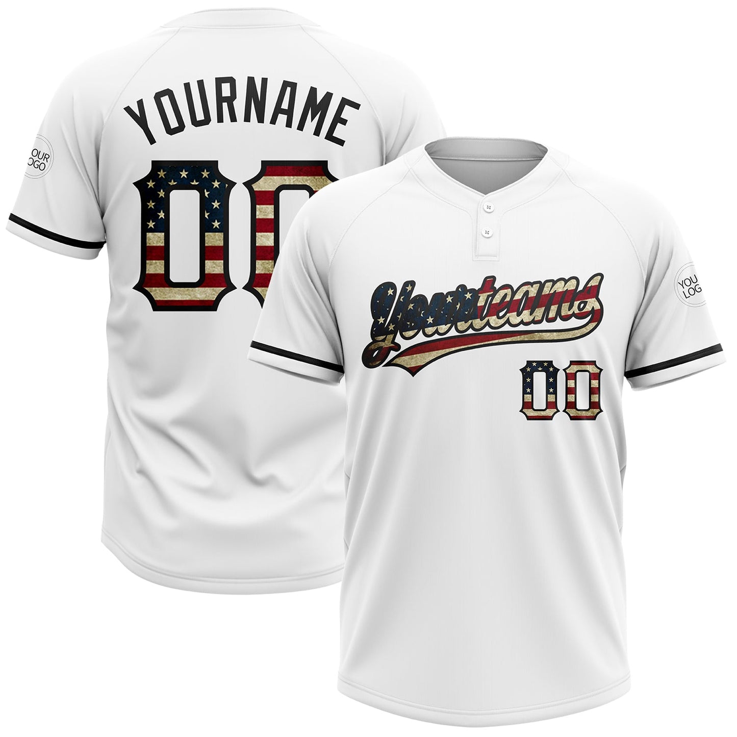 Custom White Vintage USA Flag-Black Two-Button Unisex Softball Jersey - Main View