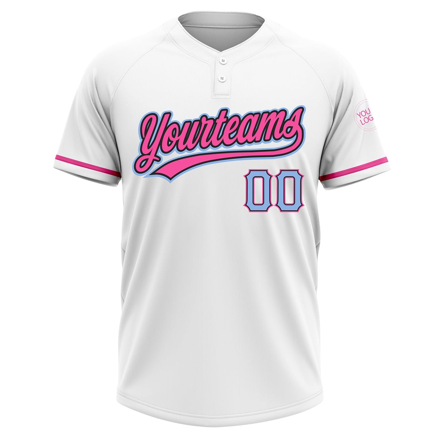 Custom White Light Blue Black-Pink Two-Button Unisex Softball Jersey view 2