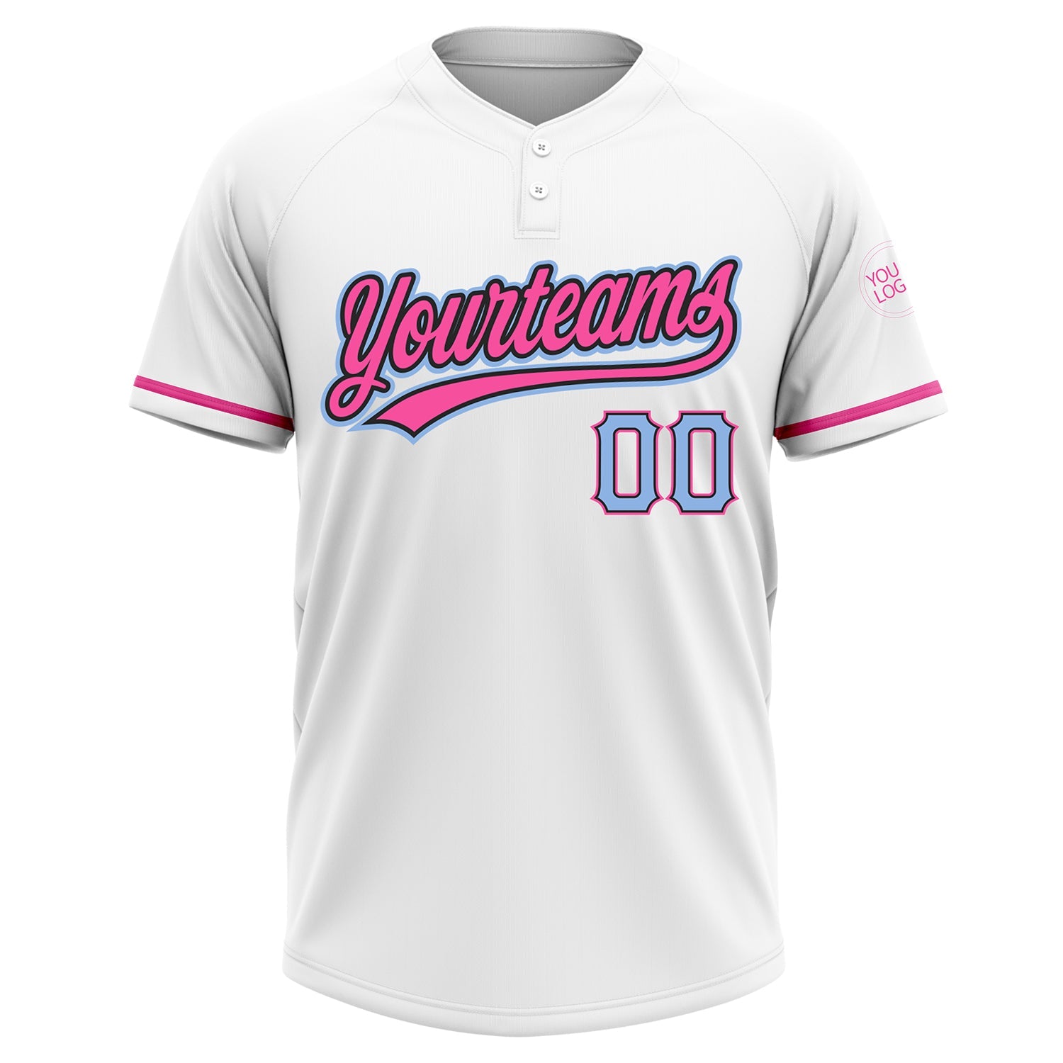 Custom White Light Blue Black-Pink Two-Button Unisex Softball Jersey view 2