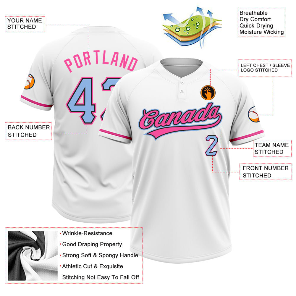 Custom White Light Blue Black-Pink Two-Button Unisex Softball Jersey view 3