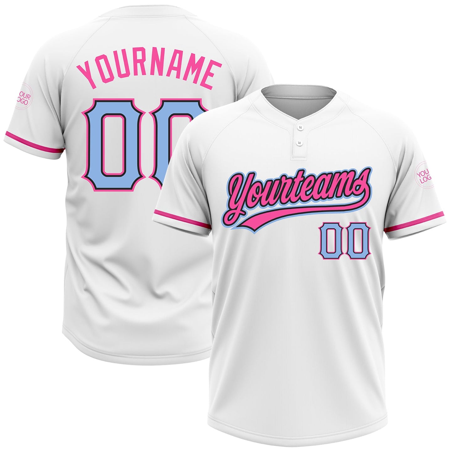 Custom White Light Blue Black-Pink Two-Button Unisex Softball Jersey - Main View